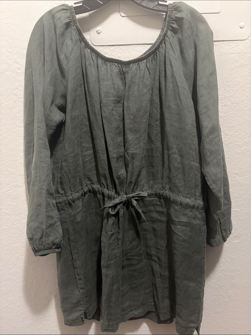 James Perse Sage Green Long-Sleeve Drawstring Linen Dress